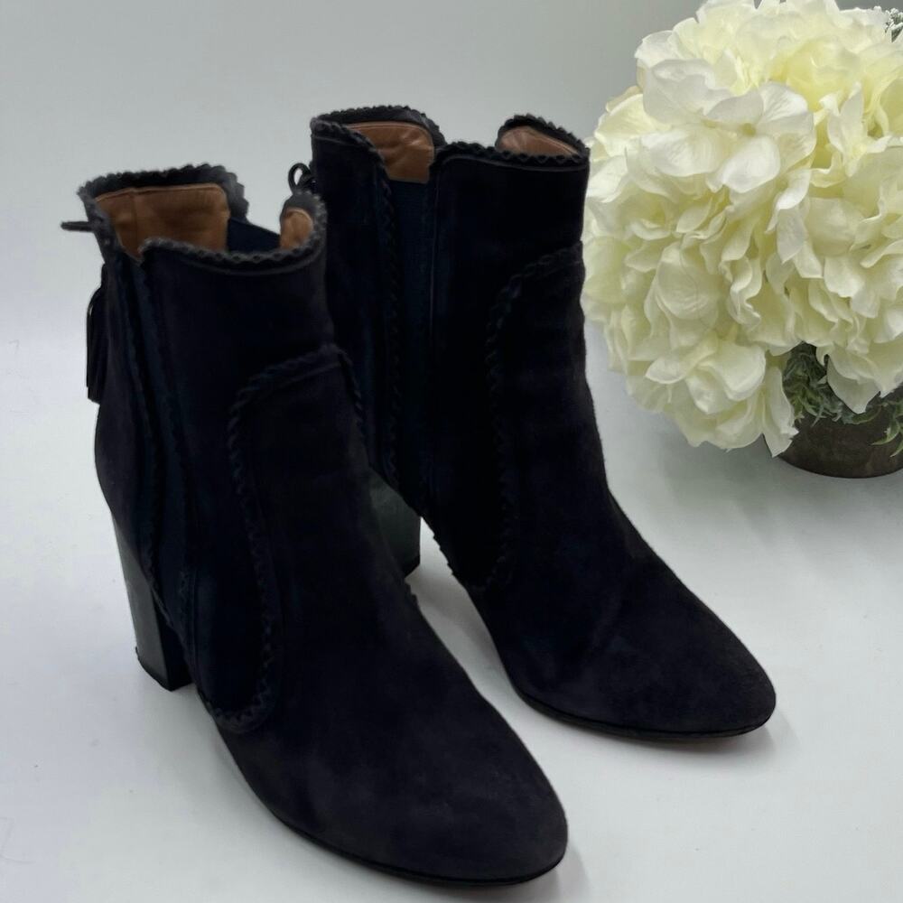 Aquazzura Firenze‎ Black Gray Suede Tristan Fringe Ankle Bootie Tassel 37.5,Sz 7